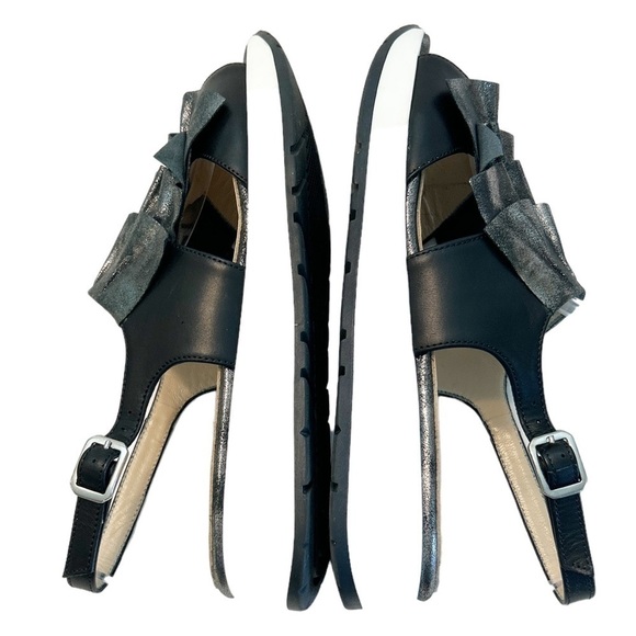 Michele Lopriore Milano Silver Ruffle Black Leather Sandals Platform US 6.5 - Picture 3 of 7